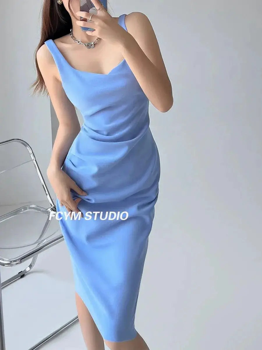 Slim Fit Ruched Summer Dress Elegant European Chic Style