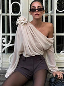 Slope Shoulder Blouse Elegant Asymmetric Cropped Top Design