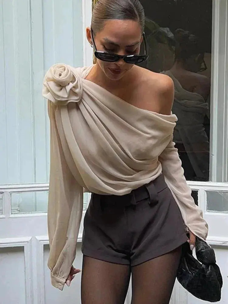 Slope Shoulder Blouse Elegant Asymmetric Cropped Top Design