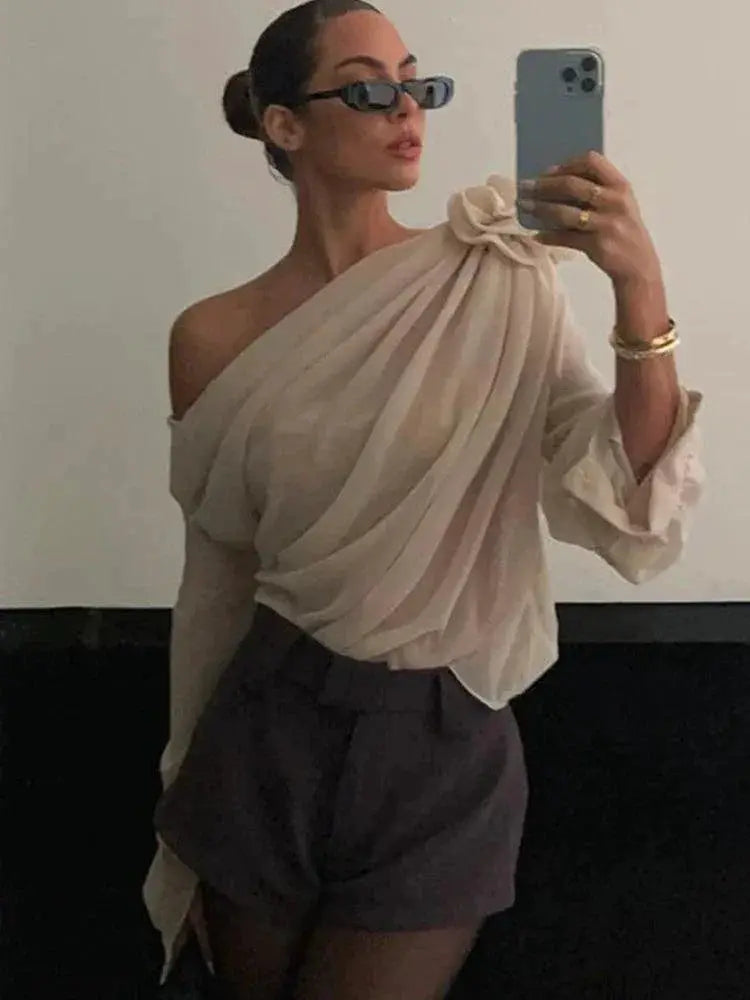 Slope Shoulder Blouse Elegant Asymmetric Cropped Top Design