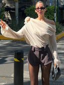 Slope Shoulder Blouse Elegant Asymmetric Cropped Top Design