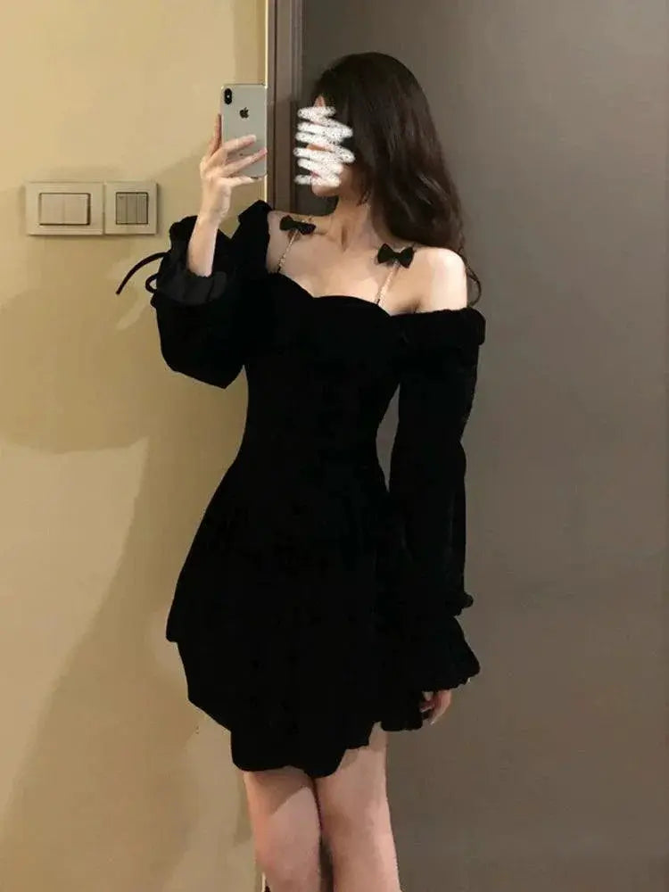 Socialite Black Velvet Tuxedo Dress Elegant Party High Waist
