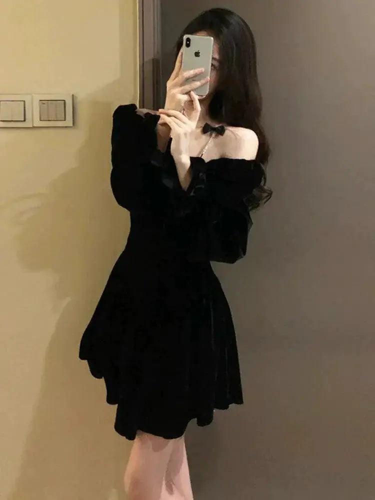 Socialite Black Velvet Tuxedo Dress Elegant Party High Waist