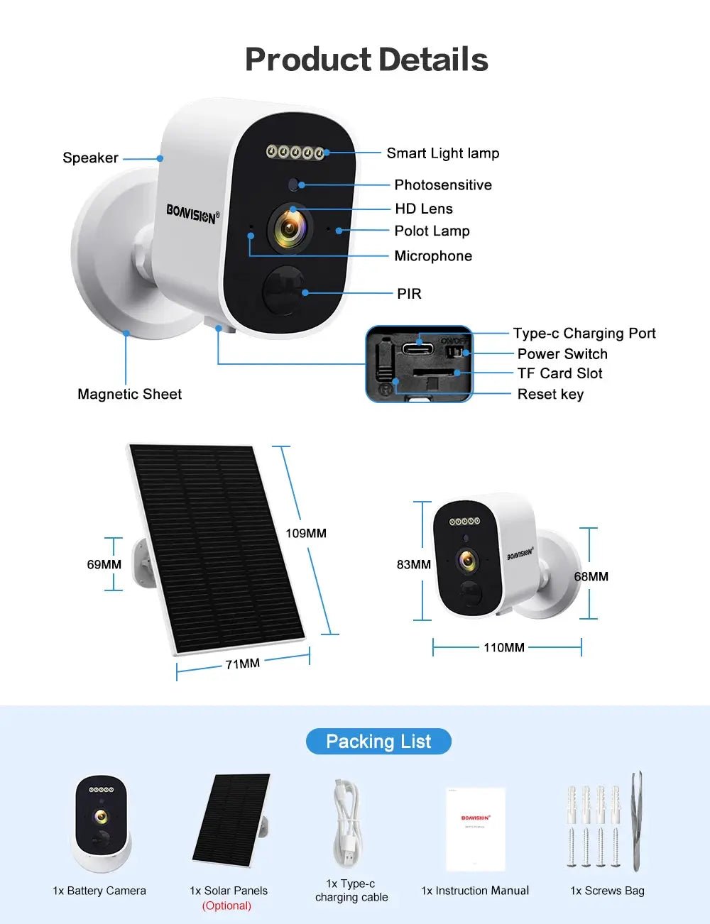 Solar Panel 3MP FHD Camera With Color Night Vision, Two - Way Audio, Magnetic Base