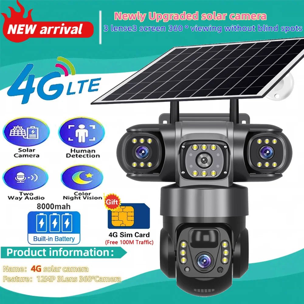 SolarGuard 4G Outdoor Solar Camera - Triple Lens 10X Zoom PIR Detection IP66 Pro