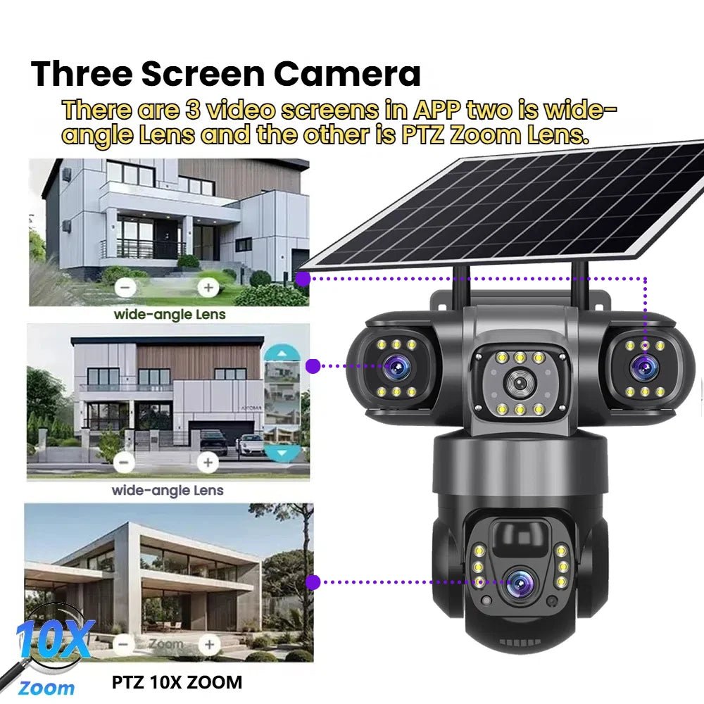 SolarGuard 4G Outdoor Solar Camera - Triple Lens 10X Zoom PIR Detection IP66 Pro
