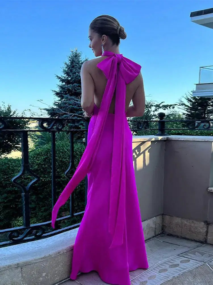 Solid Lace Up Halter Dress Ankle Length Chic Fashion