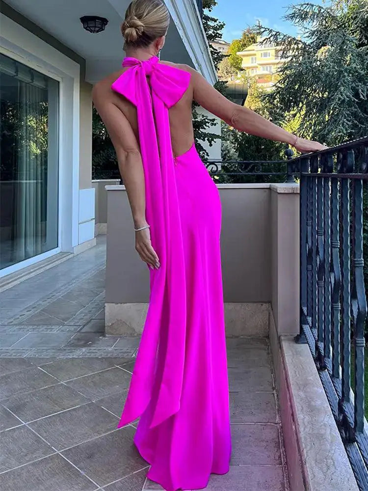 Solid Lace Up Halter Dress Ankle Length Chic Fashion