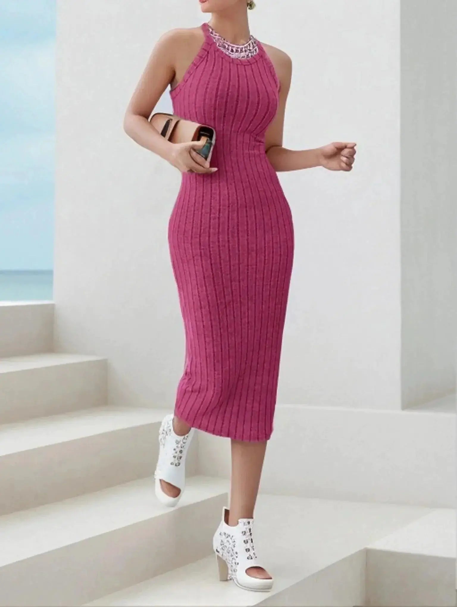 Solid Ribbed Knit Tank Dress For Summer Elegant Comfort