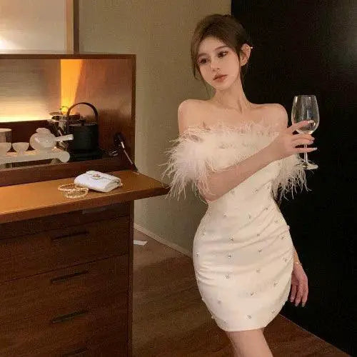 Korean Style Fur Collar Dress With Bead Embellishments