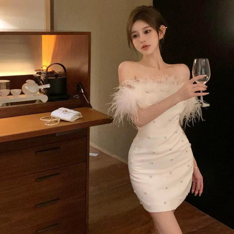 Korean Style Fur Collar Dress With Bead Embellishments