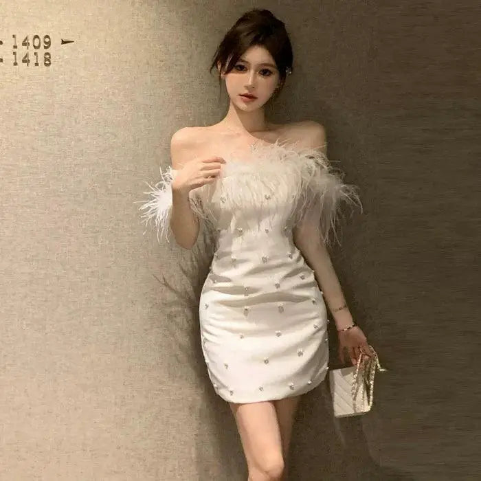 Korean Style Fur Collar Dress With Bead Embellishments