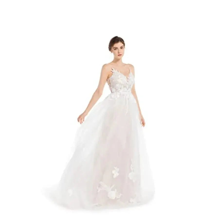 Sorayan Boho Lace Beach Wedding Dress Open Back Spaghetti Straps Bridal Gown