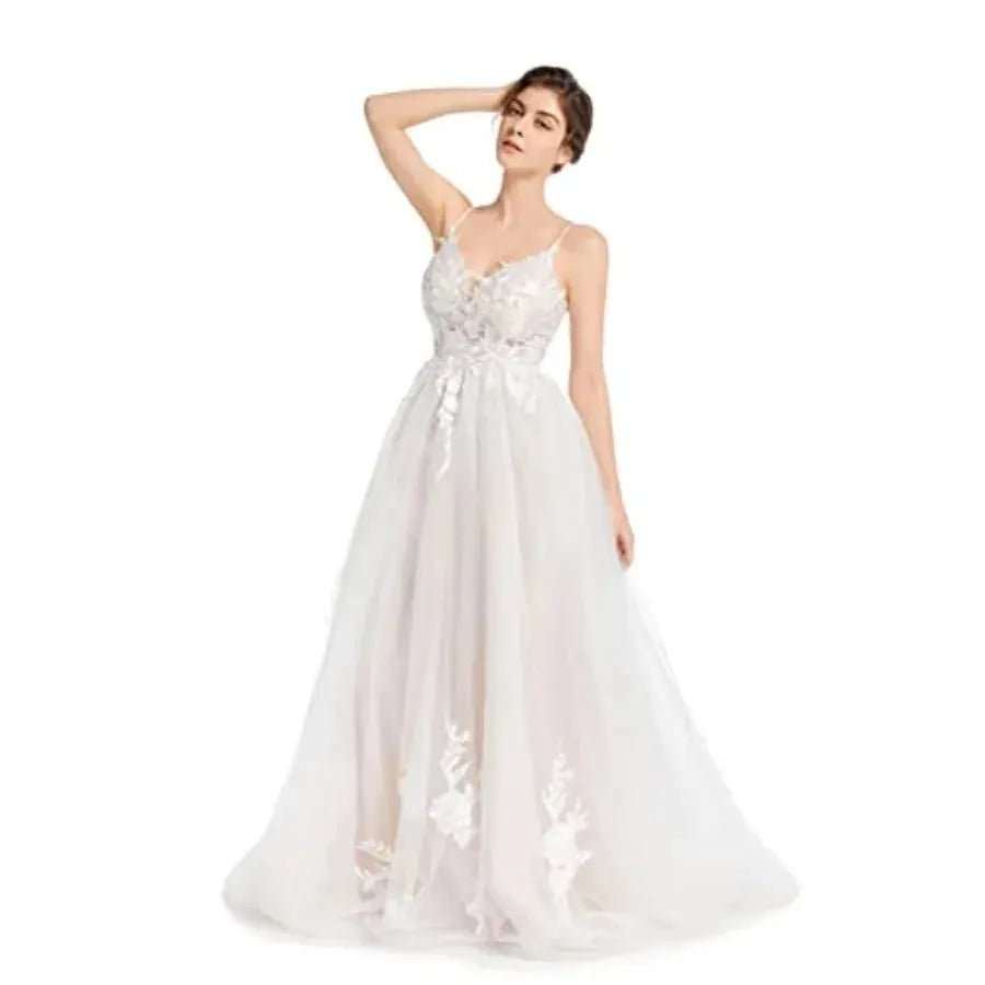 Sorayan Boho Lace Beach Wedding Dress Open Back Spaghetti Straps Bridal Gown