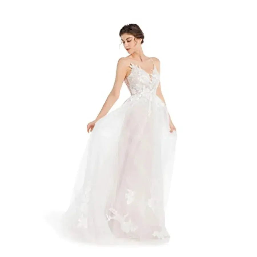 Sorayan Boho Lace Beach Wedding Dress Open Back Spaghetti Straps Bridal Gown