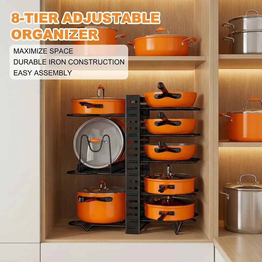 Space Saving 8 Tier Pot Rack Organizer Durable Metal Holder For Pans Pots Lids