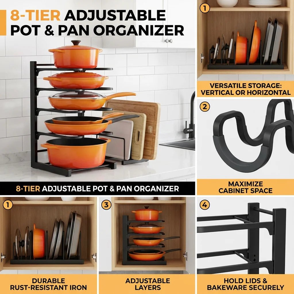 Space Saving 8 Tier Pot Rack Organizer Durable Metal Holder For Pans Pots Lids
