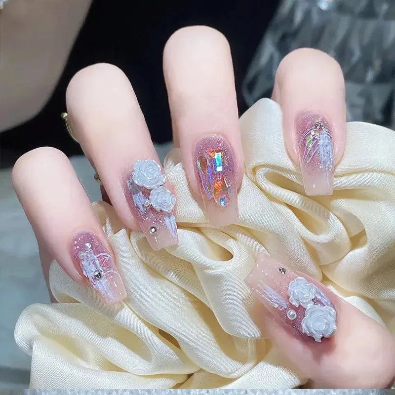 Sparkling Diamond False Nails Set Glamorous 3D Designs 24Pcs