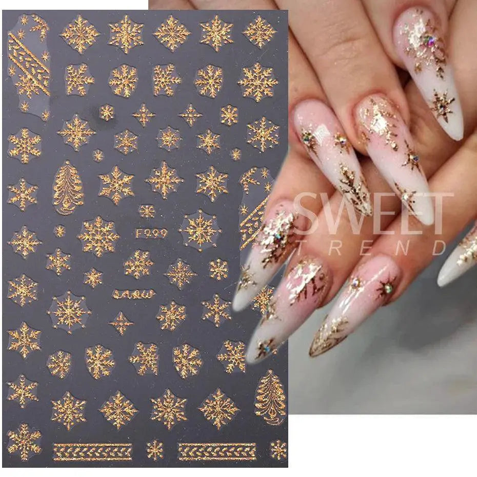 Sparkly Winter Nail Decals 3D Gold Snowflakes And Trees