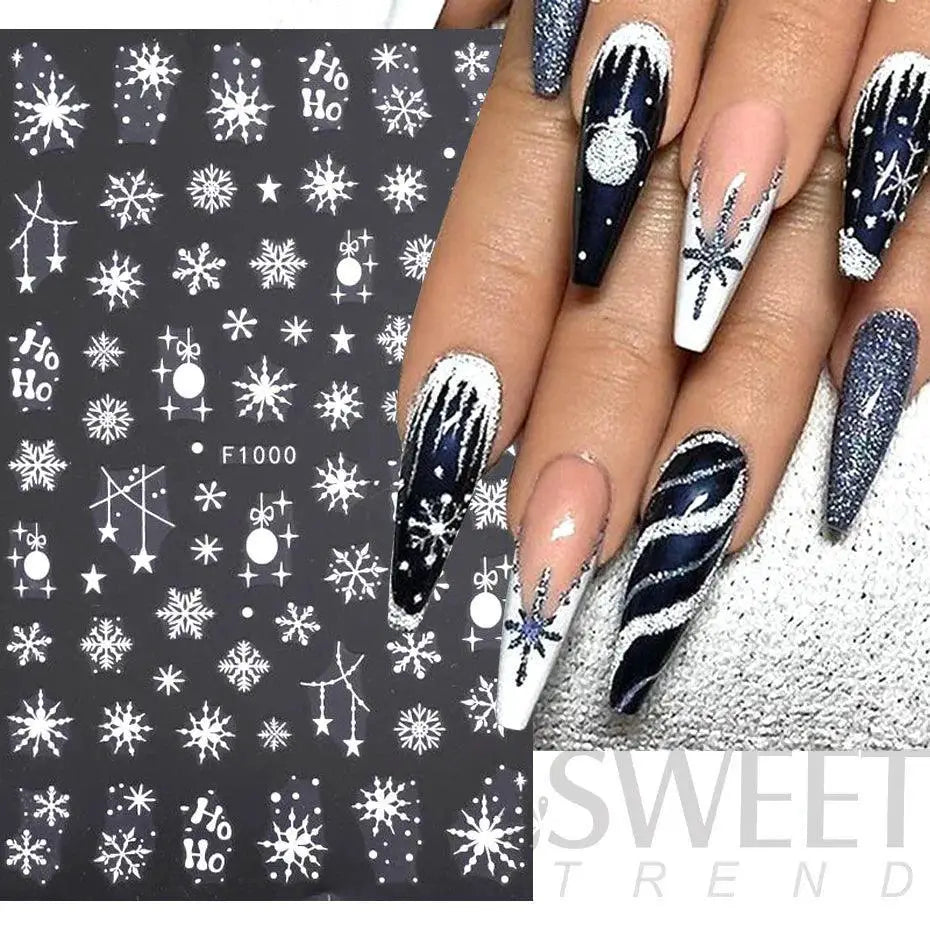 Sparkly Winter Nail Decals 3D Gold Snowflakes And Trees