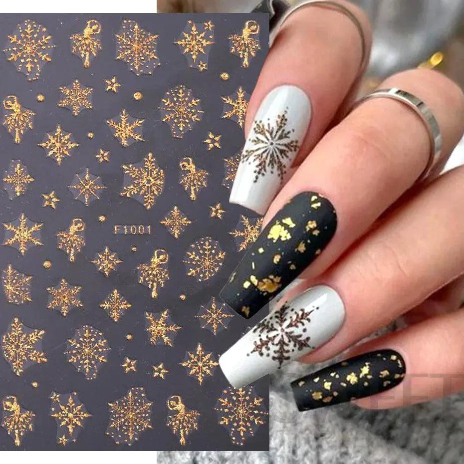 Sparkly Winter Nail Decals 3D Gold Snowflakes And Trees