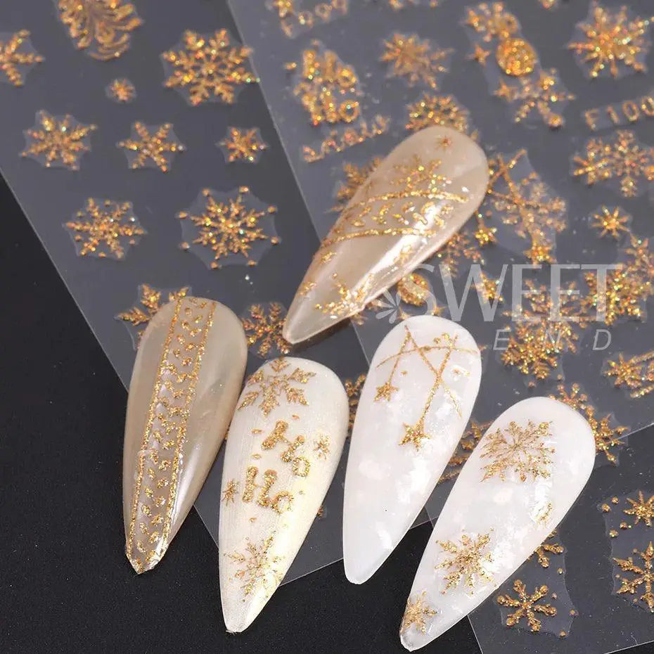 Sparkly Winter Nail Decals 3D Gold Snowflakes And Trees