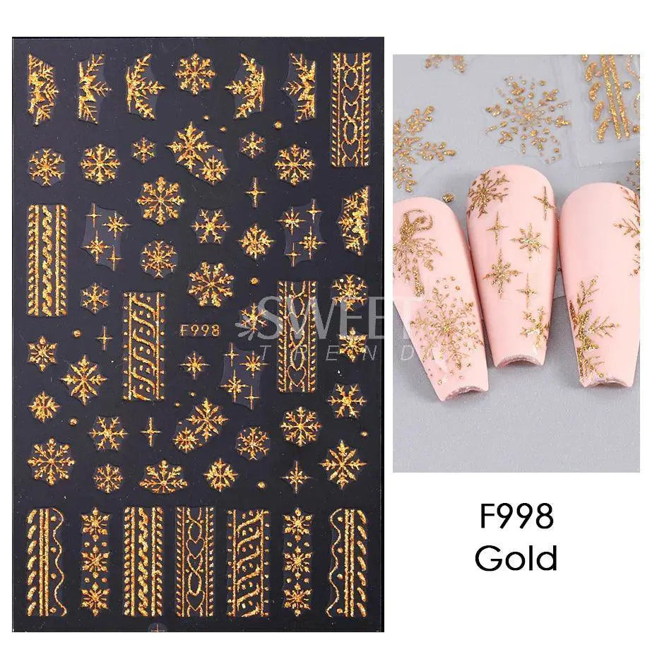Sparkly Winter Nail Decals 3D Gold Snowflakes And Trees