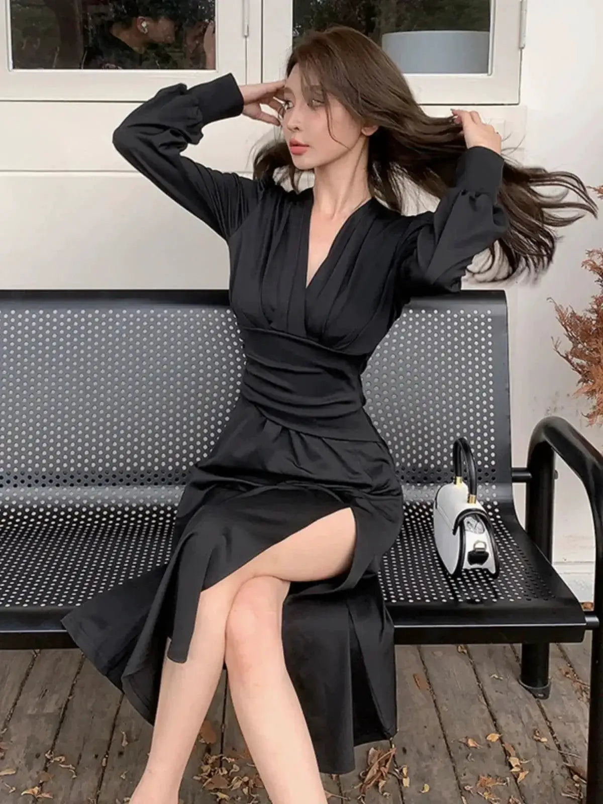 Autumn V Neck Black Dress Sophisticated Fashion Chic
