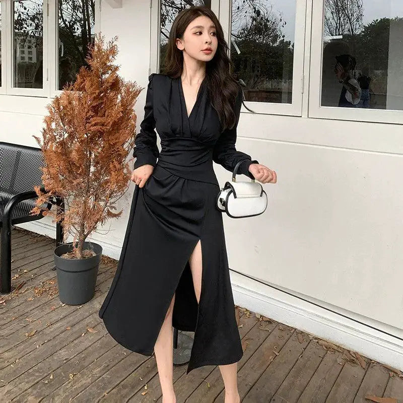 Autumn V Neck Black Dress Sophisticated Fashion Chic
