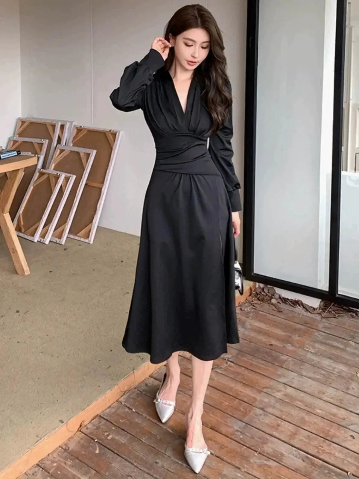 Autumn V Neck Black Dress Sophisticated Fashion Chic