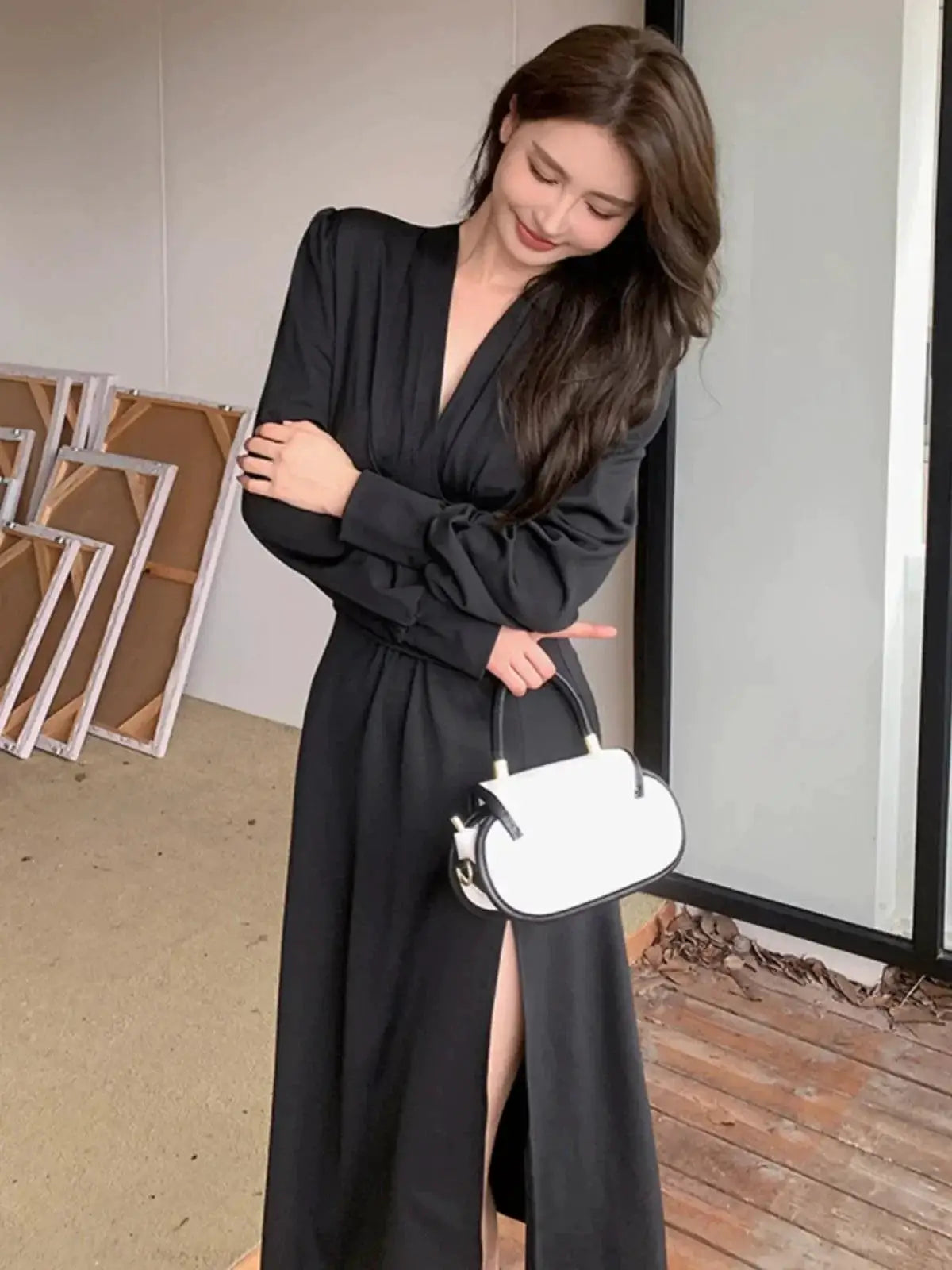 Autumn V Neck Black Dress Sophisticated Fashion Chic
