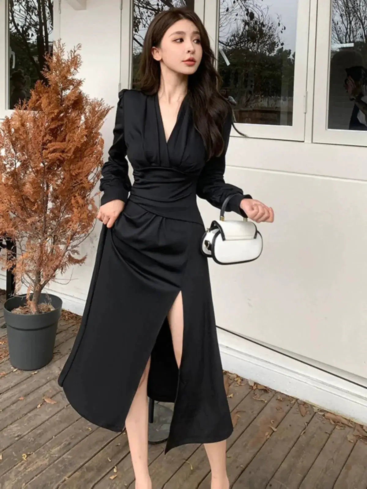 Autumn V Neck Black Dress Sophisticated Fashion Chic