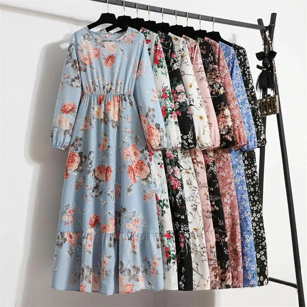 Spring Bohemian Maxi Dress Floral Beach Party O Neck