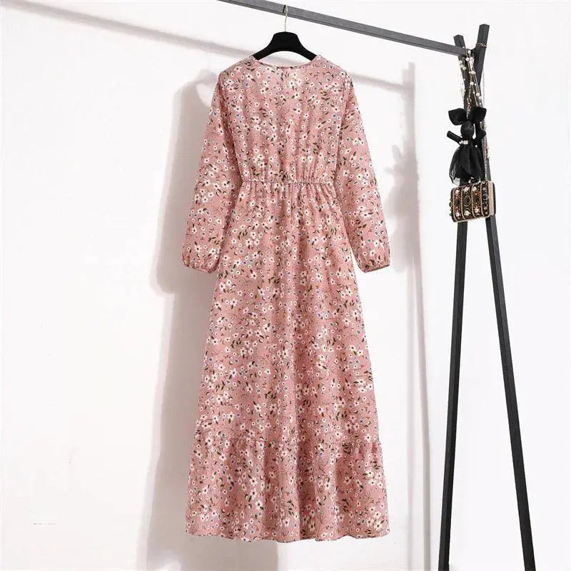 Spring Bohemian Maxi Dress Floral Beach Party O Neck