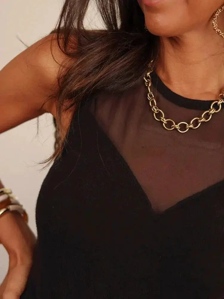 Spring Pure Color Sleeveless Mesh Slim Fit Jumpsuit