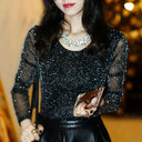 Spring Summer Sheer Mesh Blouse Elegant See-Through Shirt