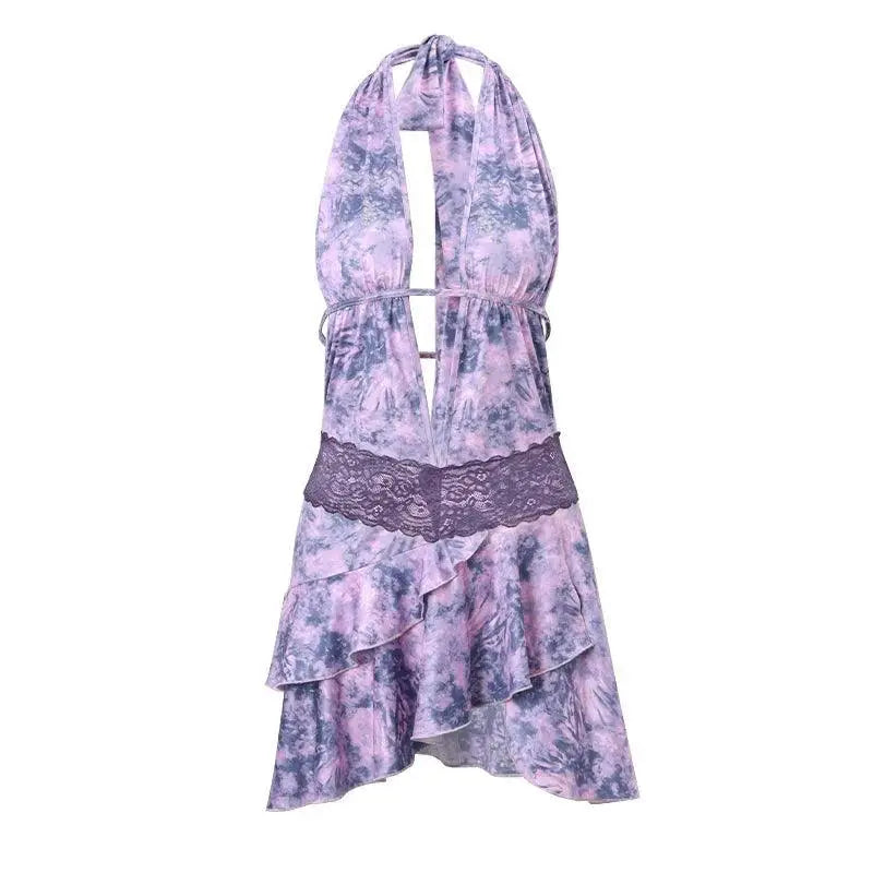 Spring Halterneck Dress Purple Lotus Leaf Skirt Party Evening