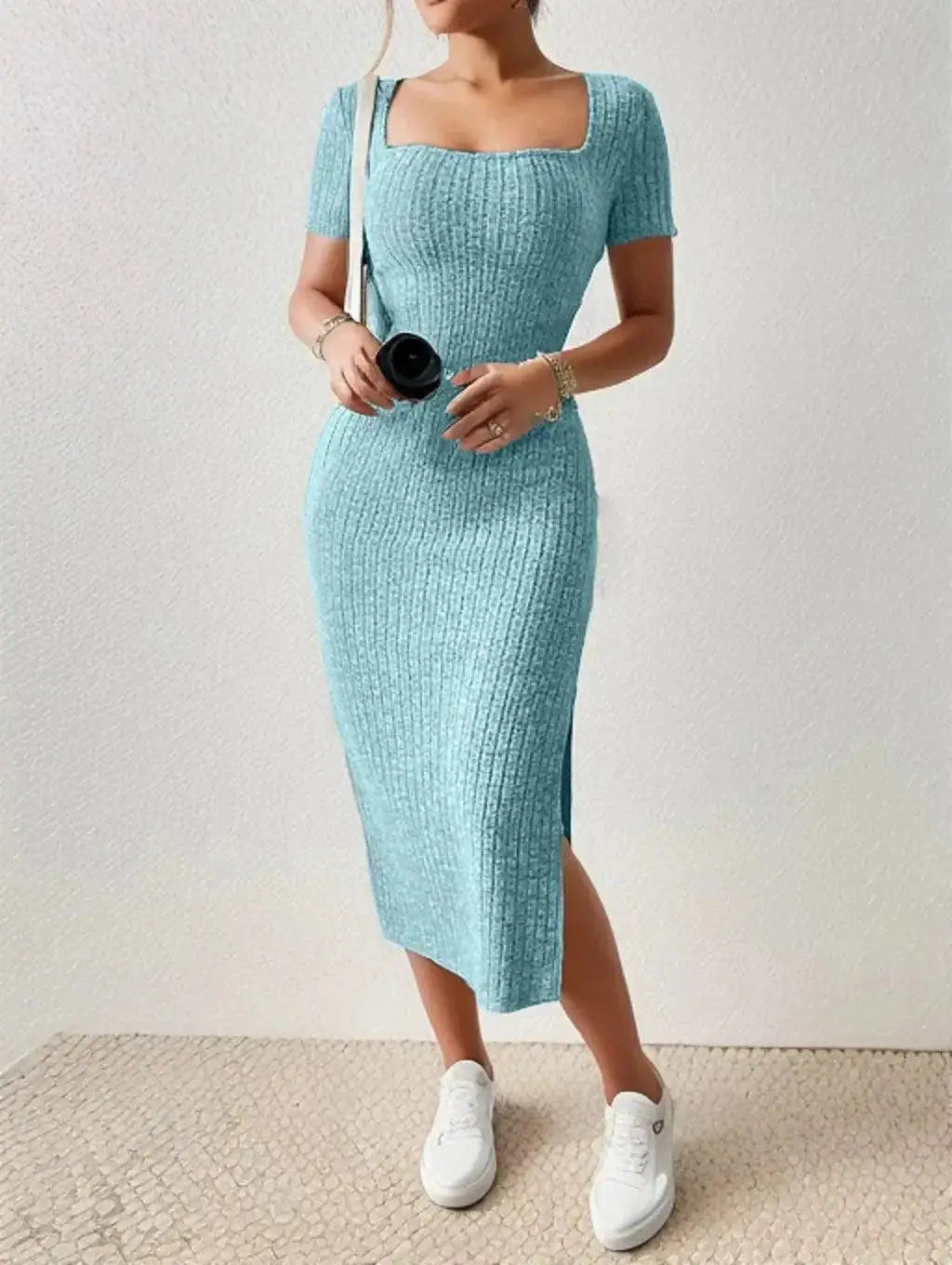 Square Neck Knit Dress Elegant Women Summer Fashion