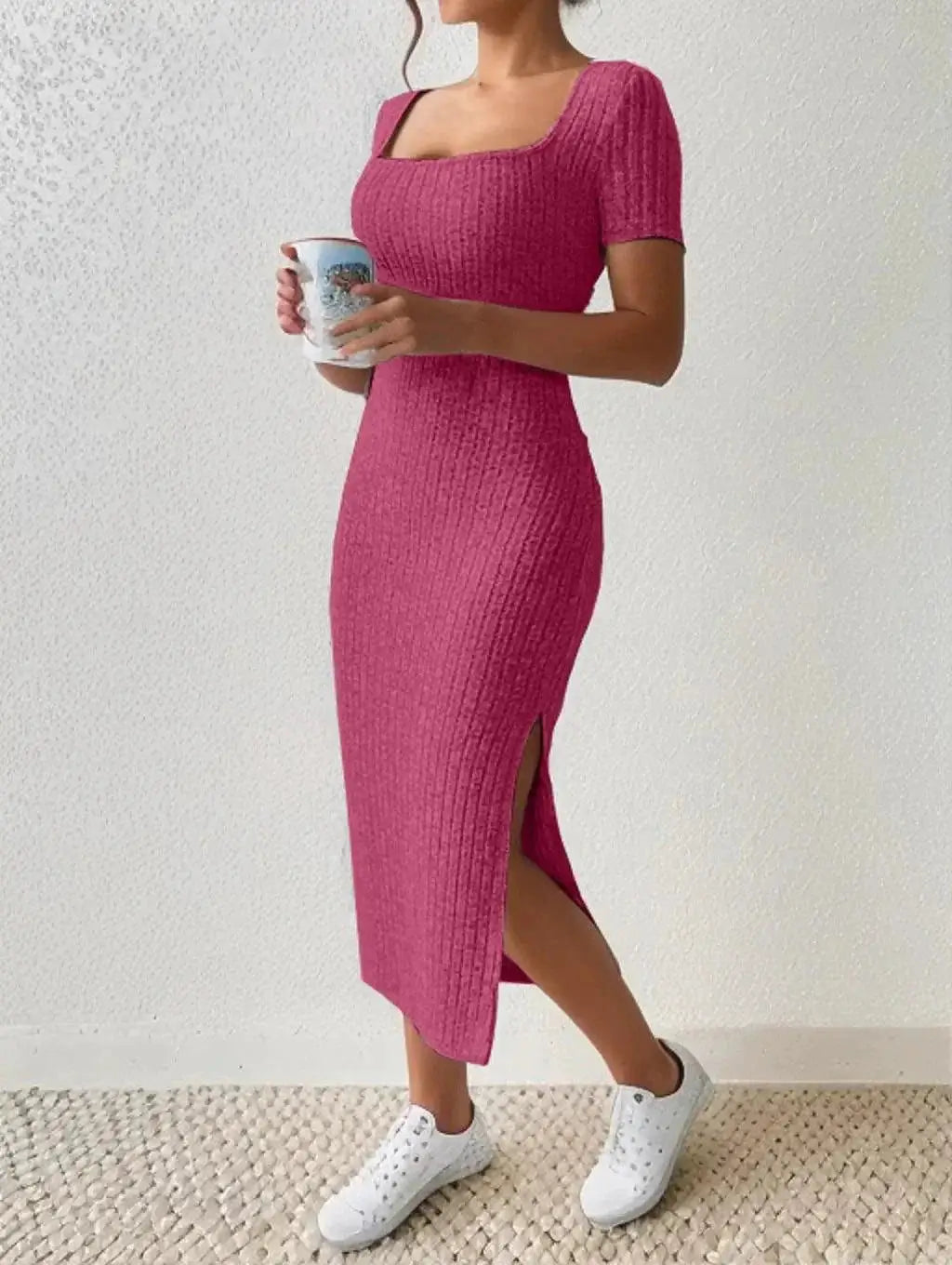 Square Neck Knit Dress Elegant Women Summer Fashion
