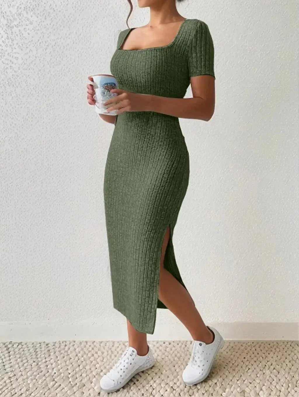 Square Neck Knit Dress Elegant Women Summer Fashion