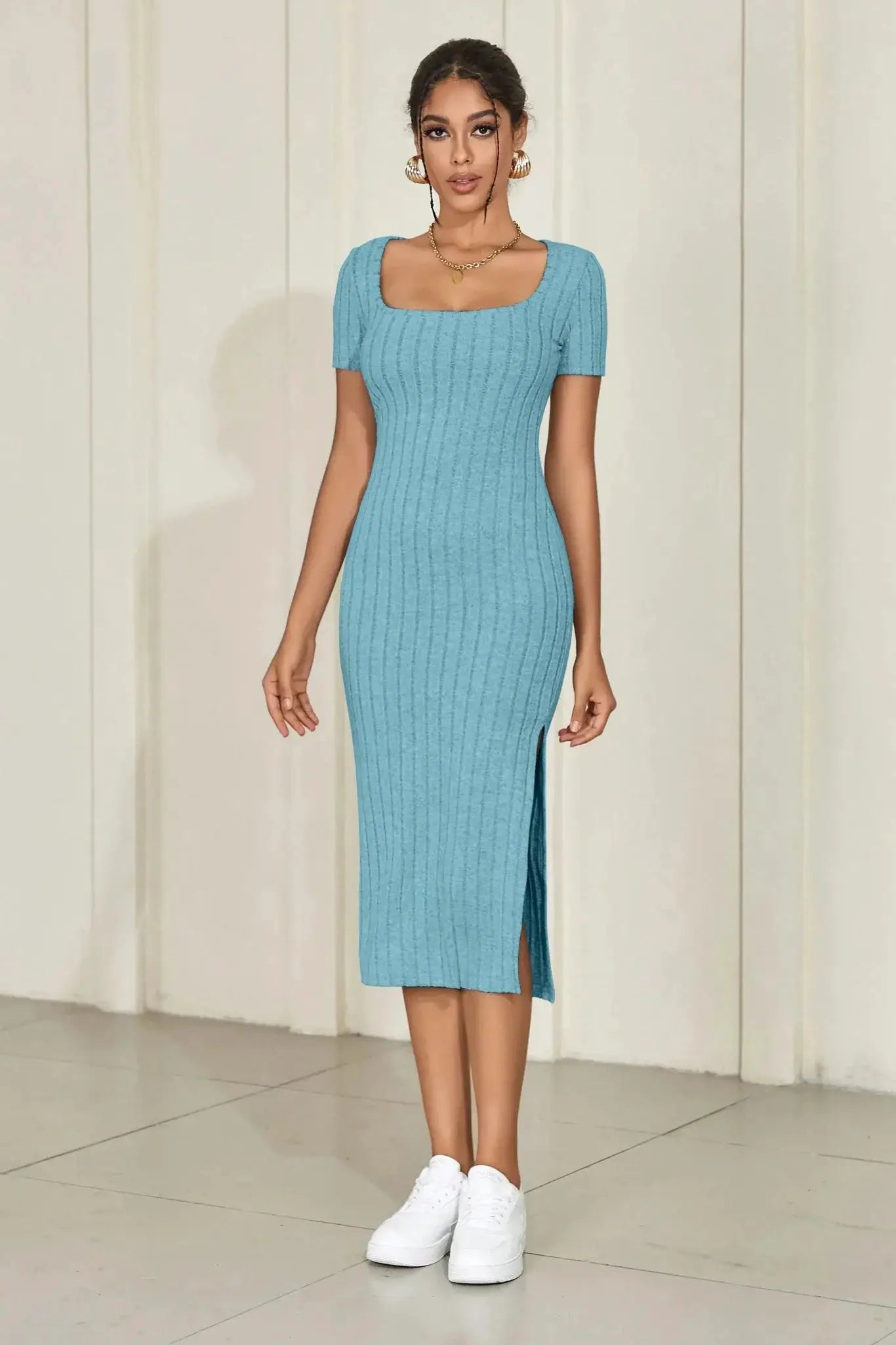 Square Neck Knit Summer Dress Versatile Elegant Style