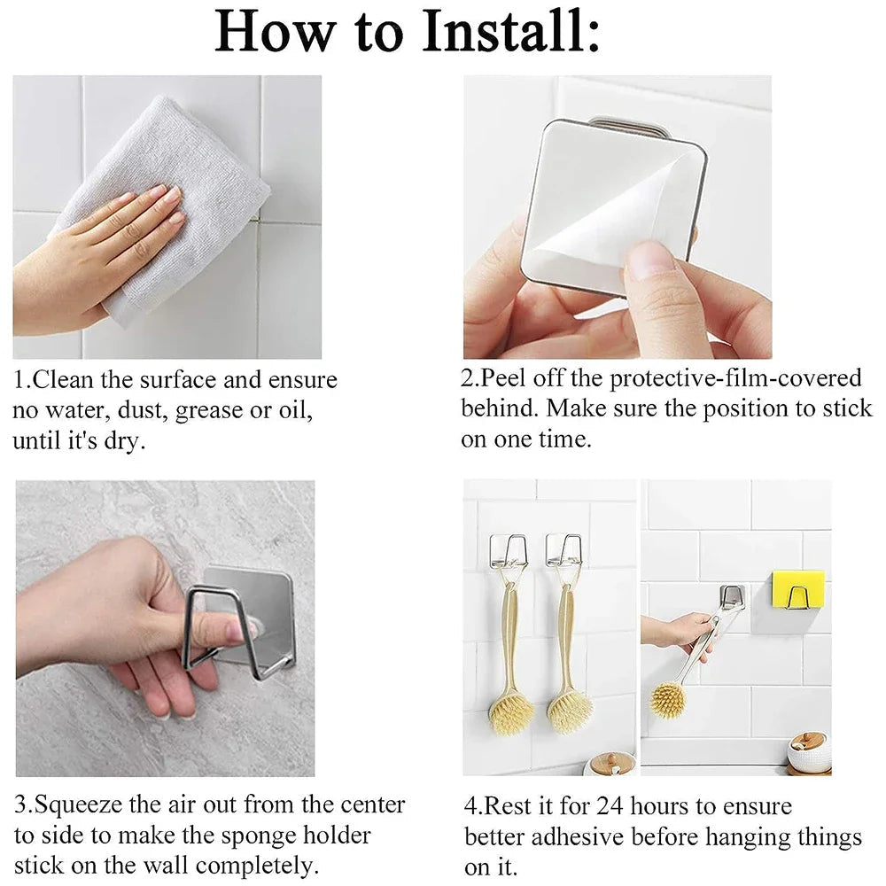 Stainless Steel 2 Pack Sink Sponge Holder Self Adhesive No Drill Wall Hooks Drain Rack for Kitchen