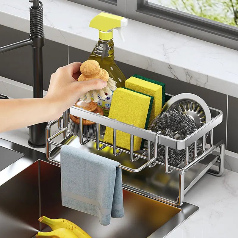 Stainless Steel Kitchen Drain Rack With Sponge Holder And Towels Shelf Organizer