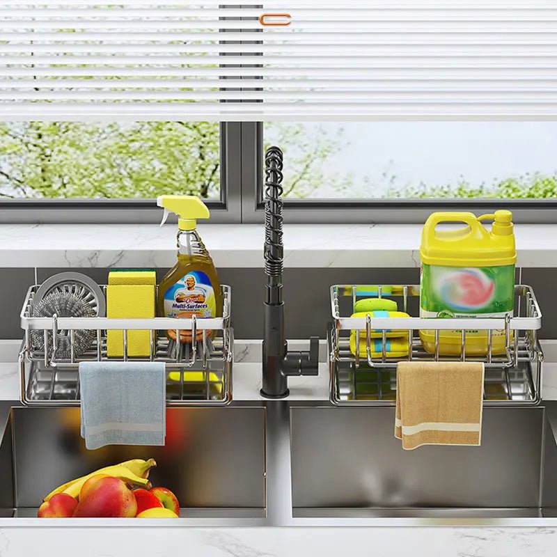 Stainless Steel Kitchen Drain Rack With Sponge Holder And Towels Shelf Organizer