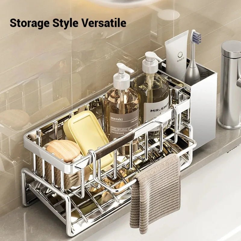 Stainless Steel Multifunctional Sink Organizer With Sponge And Towel Rack
