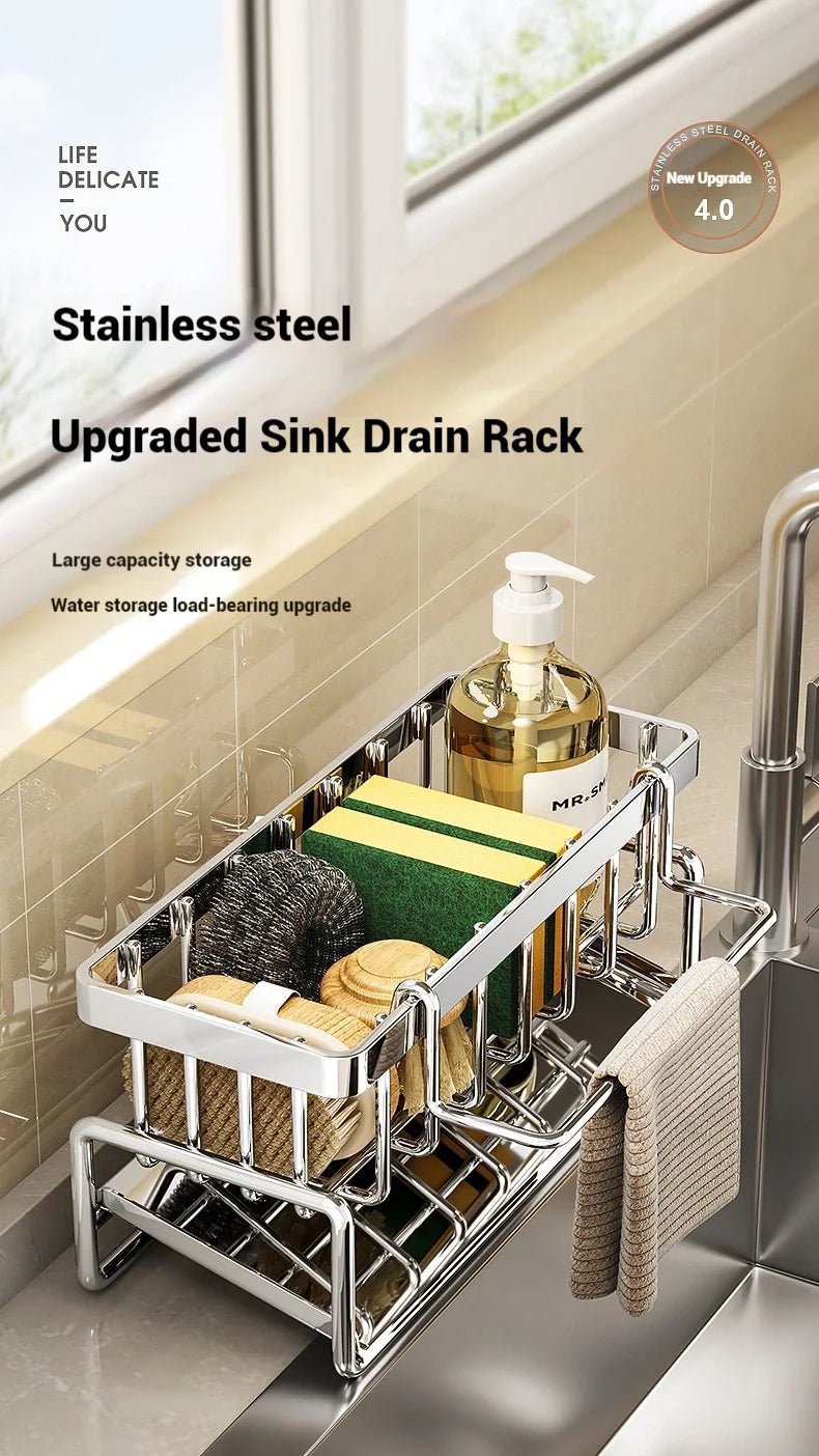 Stainless Steel Multifunctional Sink Organizer With Sponge And Towel Rack