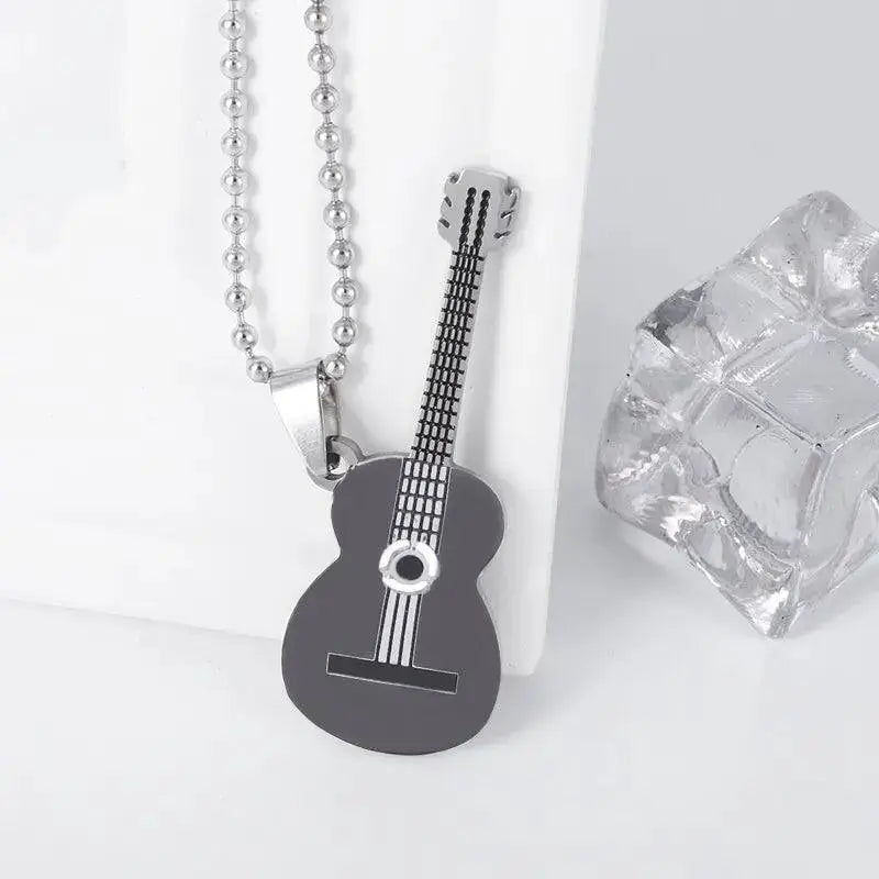 Stainless Steel Music Guitar Pendant Necklace Men Women