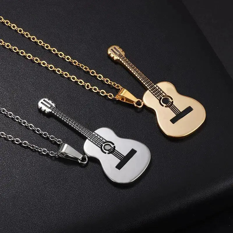 Stainless Steel Music Guitar Pendant Necklace Men Women