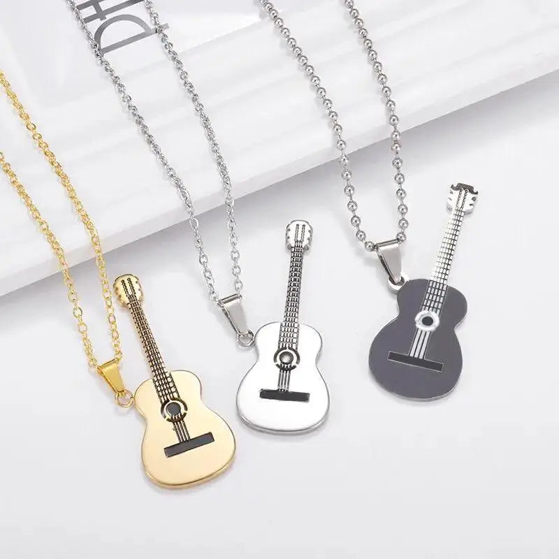 Stainless Steel Music Guitar Pendant Necklace Men Women