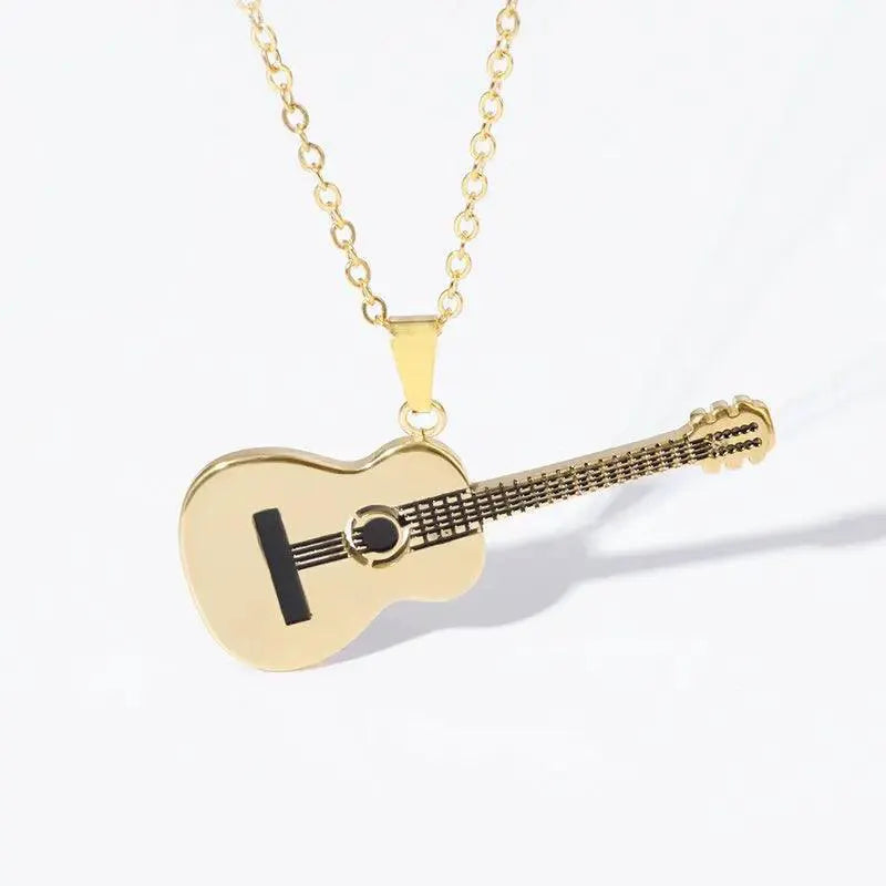 Stainless Steel Music Guitar Pendant Necklace Men Women